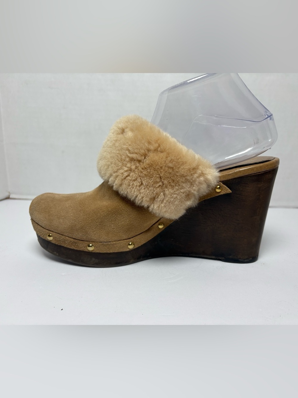 Vince Camuto Women’s Tan Suede Wedge Clogs Miles Faux Fur Trim Size 9B